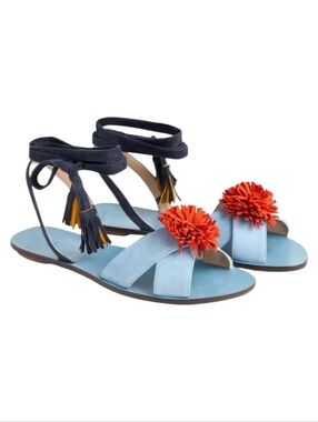 J. Crew Blue Suede Gladiator Sandals With Tassel Ankle Ties Size 6